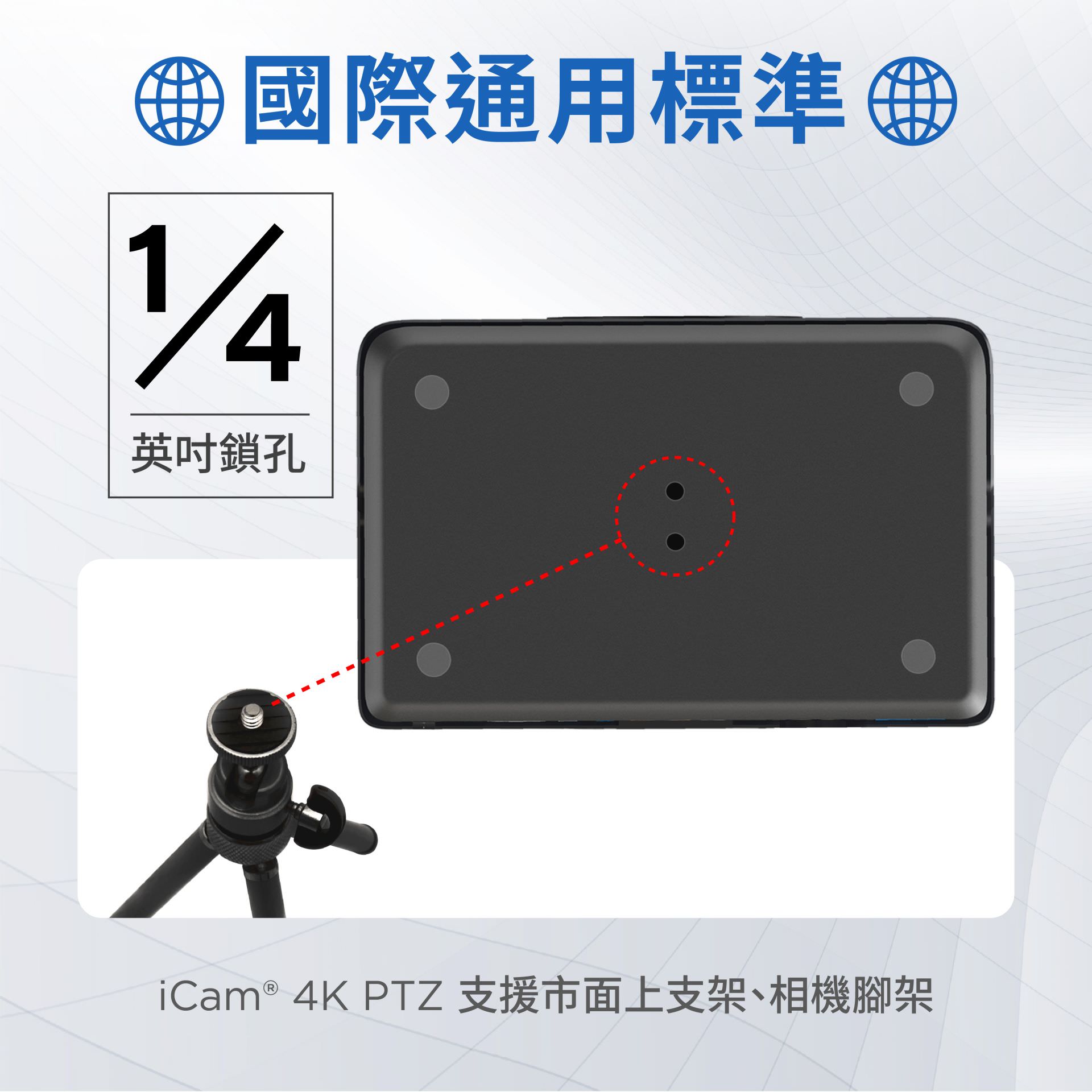 iCam 4K PTZ攝影機採用國際標準1/4吋螺絲孔
