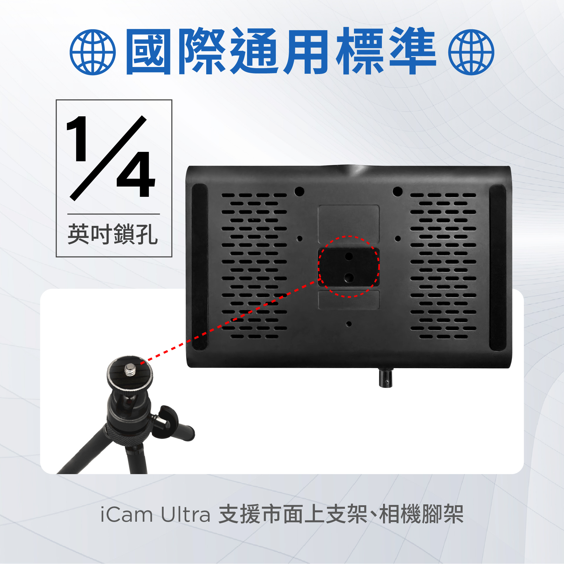 iCam Ultra攝影機採用國際標準1/4吋螺絲孔